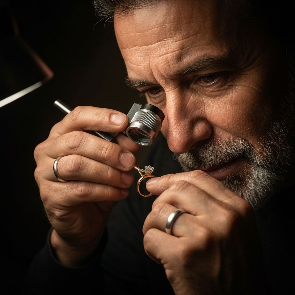 Master jeweller inspecting a diamond setting — Stone setting